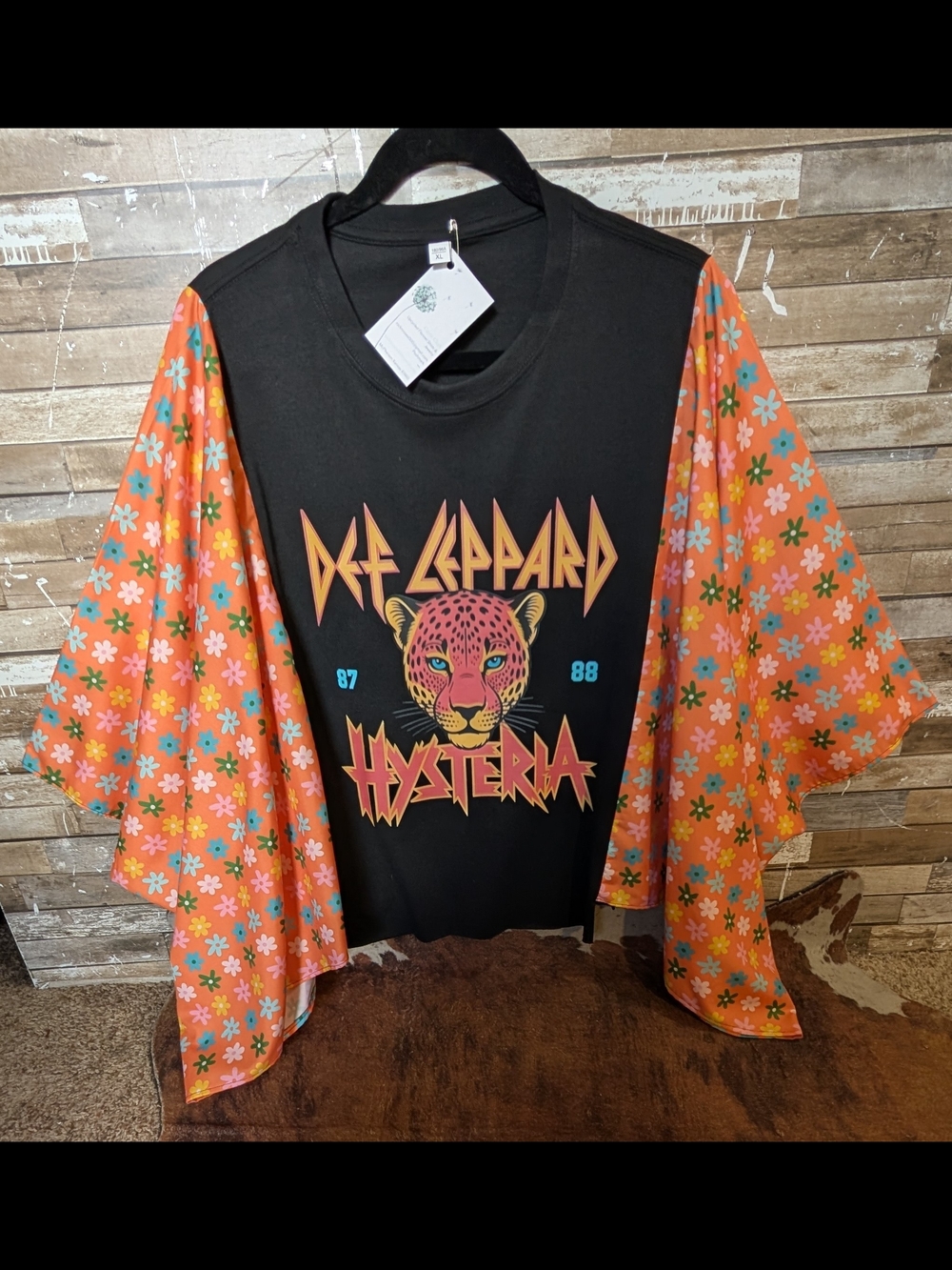 Def Leppard Graphic Handcrafted With Boho Floral Bat Winged Sleeves